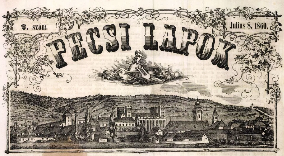 Pécs látképe 1860-ban a Pécsi Lapok címoldalán