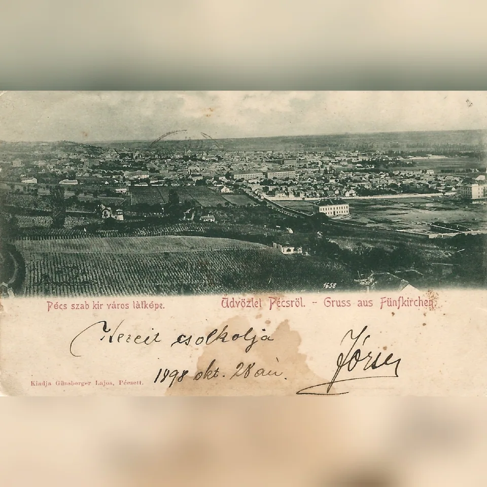 Pécs látképe egy 1898-ban kitöltött képeslapon