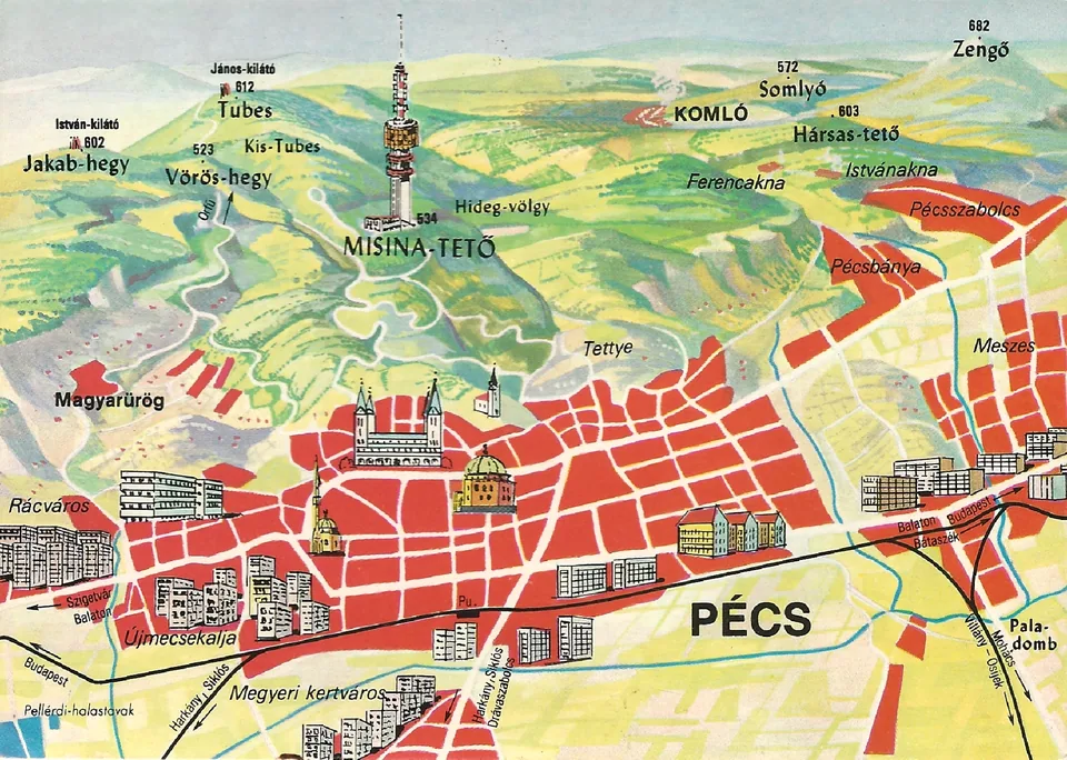 Pécs térképe egy 1974 körül kiadott képeslapon