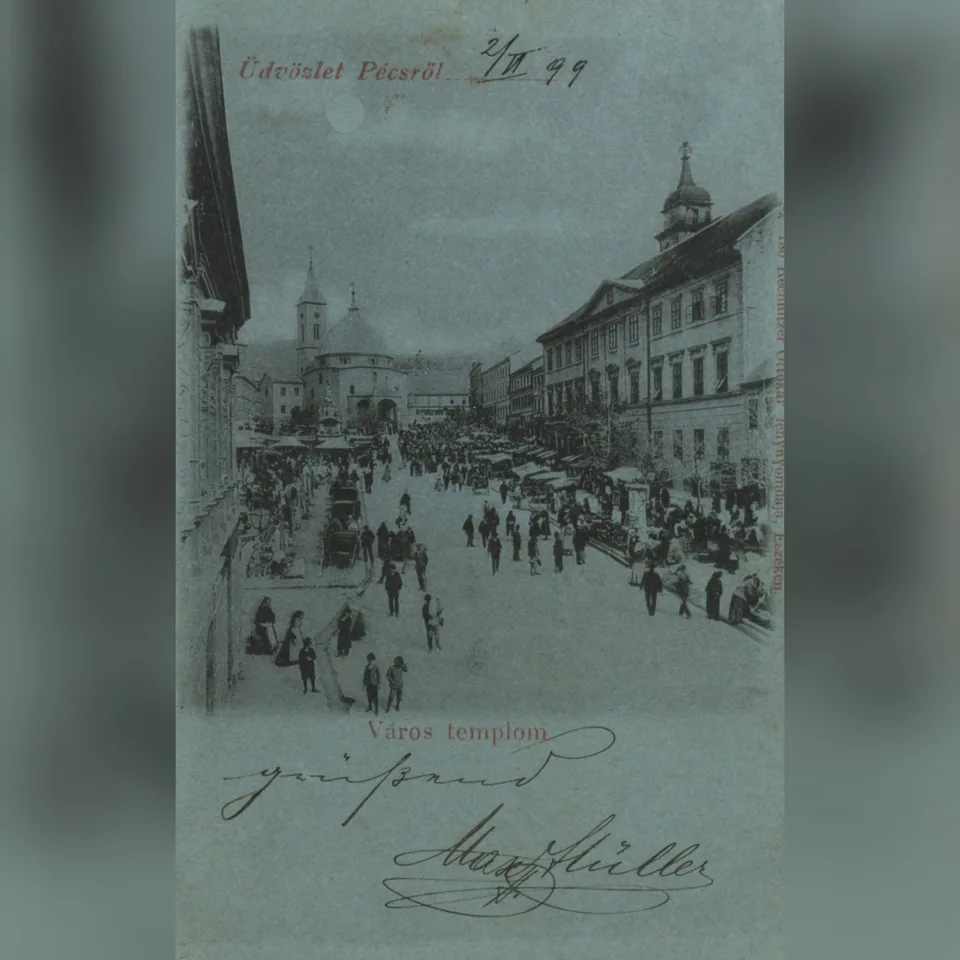 A pécsi Széchenyi tér a dzsámival 1899 körül