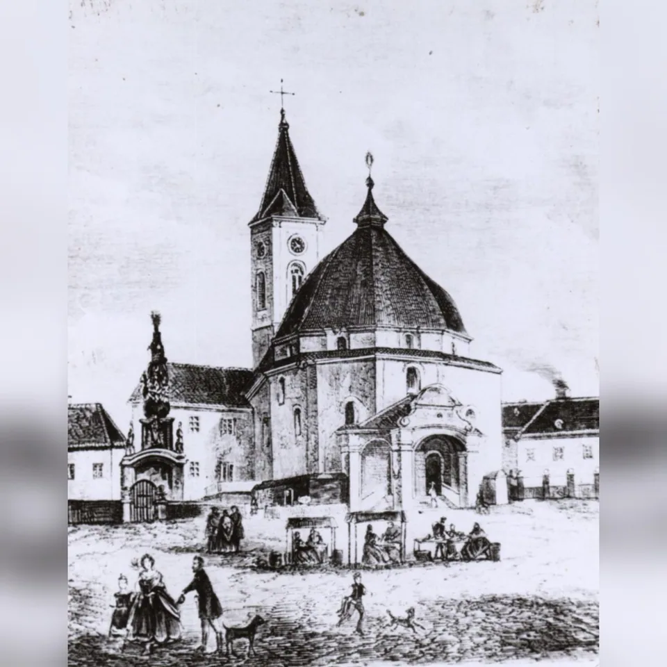 A pécsi Széchenyi tér a dzsámival 1862-ben, korabeli grafikán