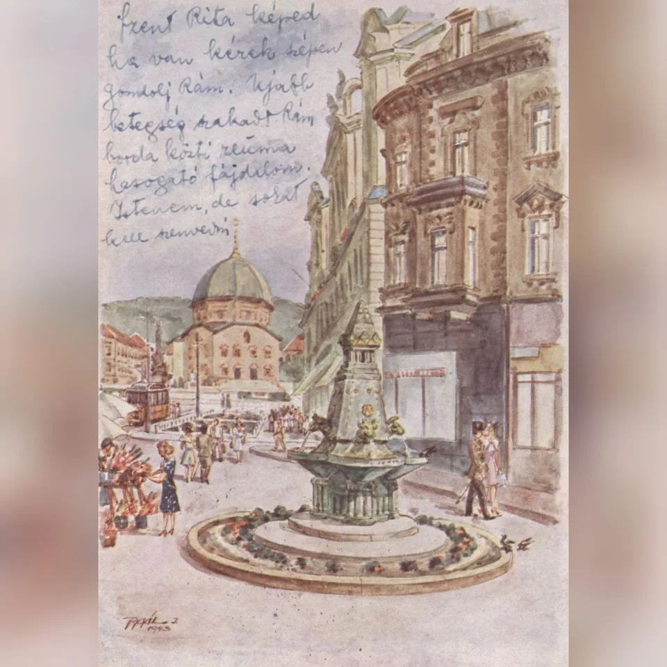 A pécsi Zsolnay-kút 1943 körül, a háttérben a dzsámival