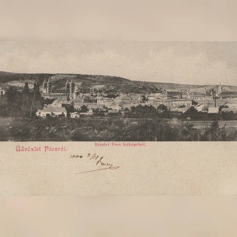 Pécs látképe egy 1900-ban feladott képeslapon