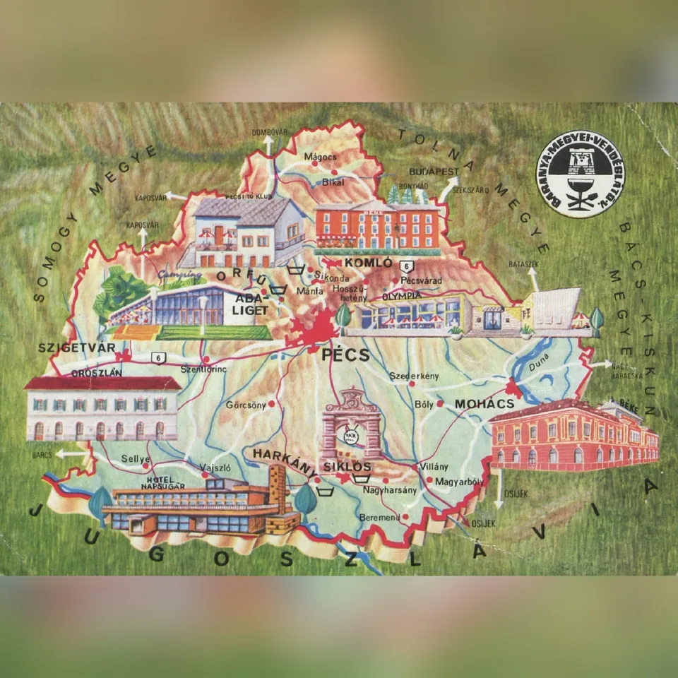 Baranya turisztikai jellegű térképe egy 1971 körüli képeslapon