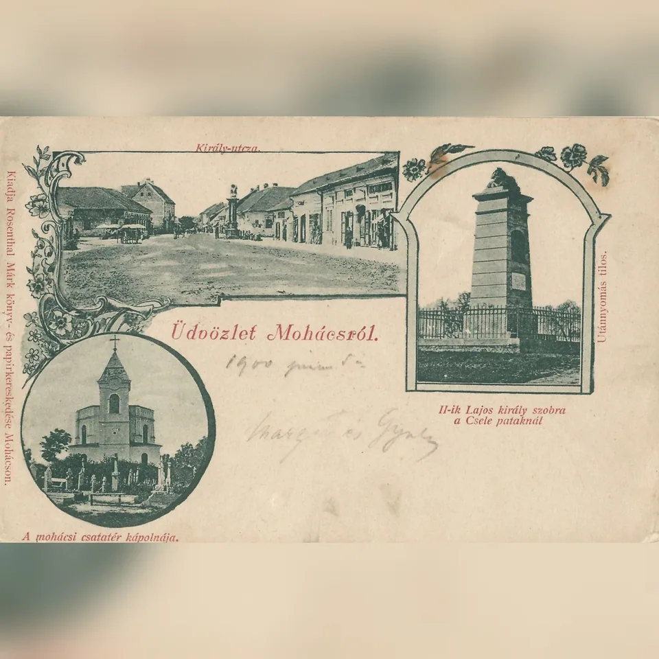 A mohácsi Király utca más nevezetességekkel egy 1900-ban kitöltött képeslapon