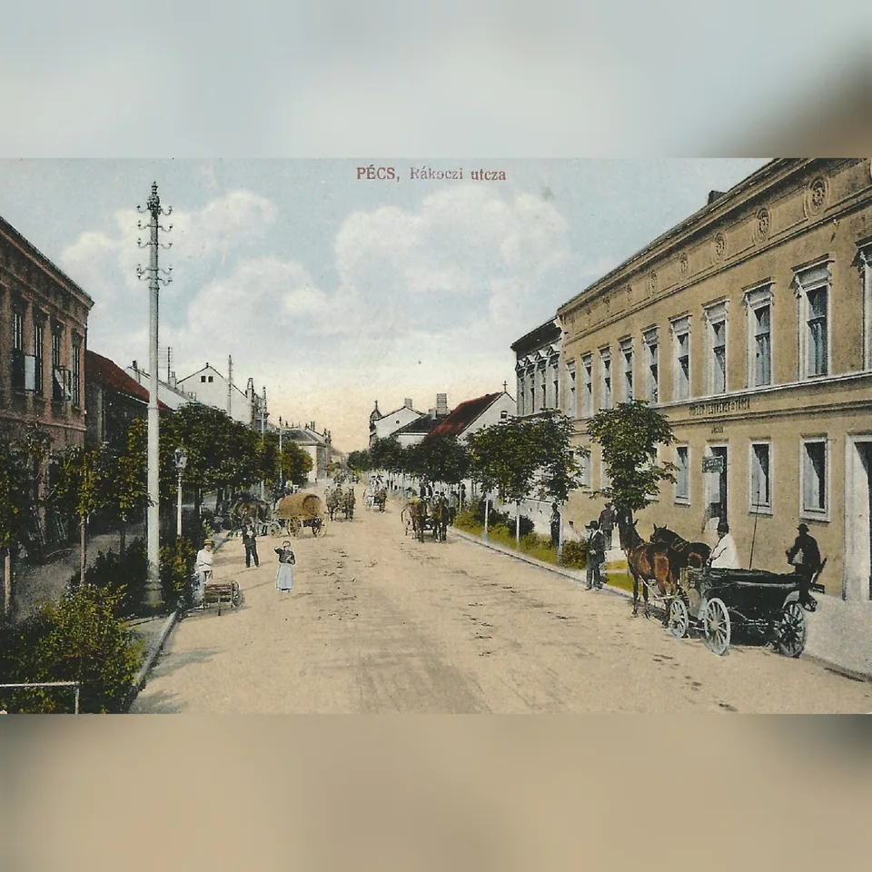 A pécsi Rákóczi út 1917-ben kitöltött képeslapon