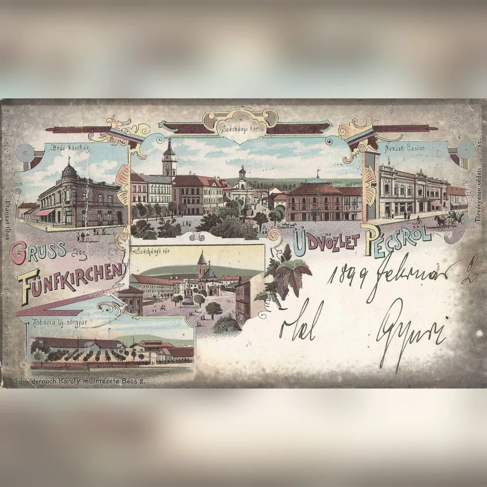 Nevezetes pécsi helyszínek egy 1899-ben kitöltött képeslapon