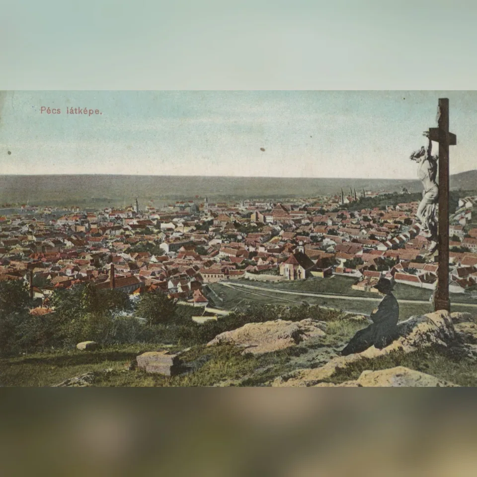 Pécs látképe 1910 körül, korabeli képeslapon