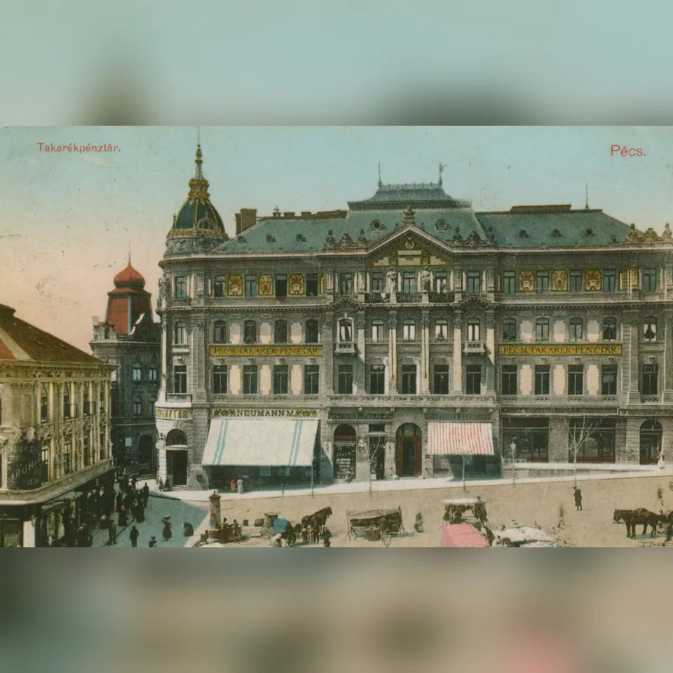 A Pécsi Takerékpénztár épülete az első világháború előtti években, korabeli képeslapon