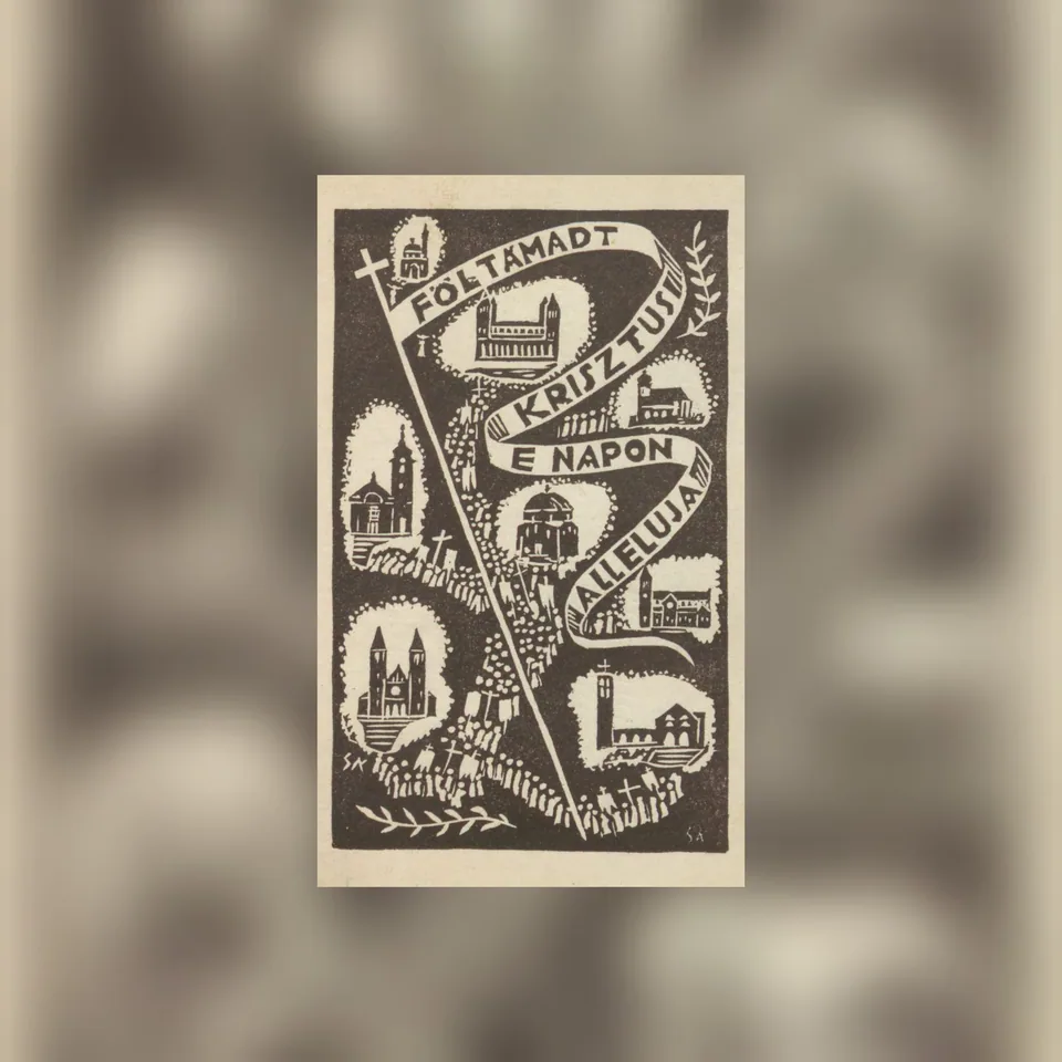 Feltehetően az 1940-es évekből származó, pécsi templomokat ábrázoló húsvéti képeslap