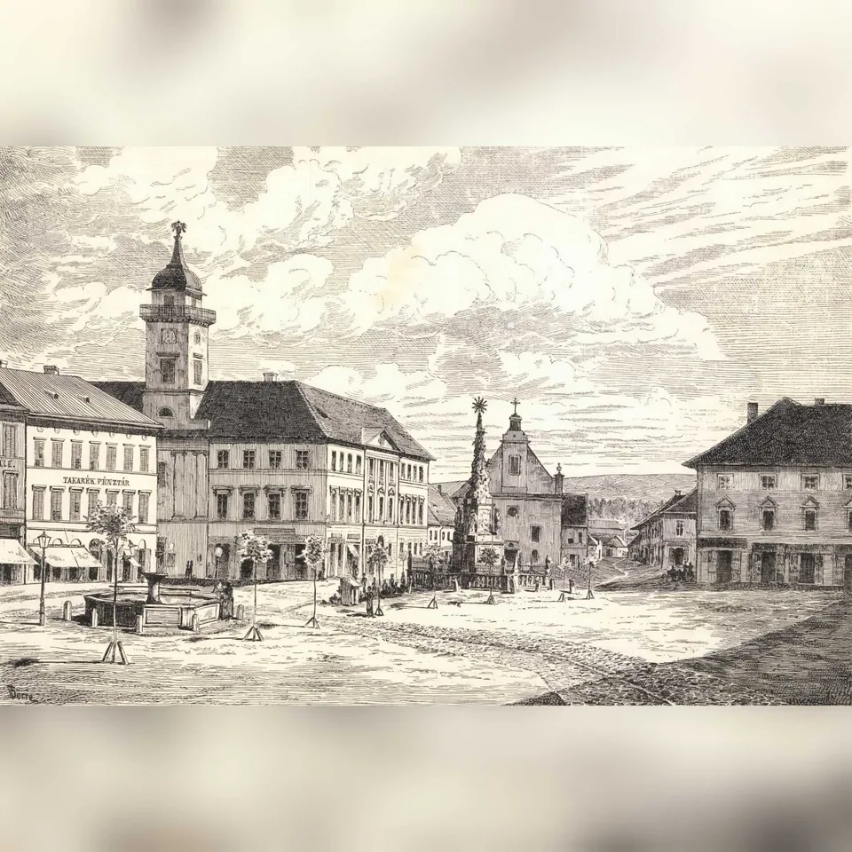 Dörre Tivadar 1880-ban megjelent rajza a pécsi Széchenyi térről a régi városházával, a Szentháromság-szoborral és az Irgalmasok templomával