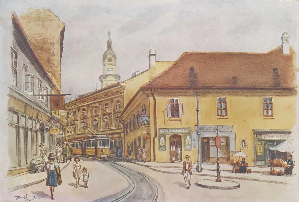 A pécsi Jókai tér – illetve részben a Ferencesek utcája – az Elefántos házzal és a villamossal Paál István 1943-as akvarelljén