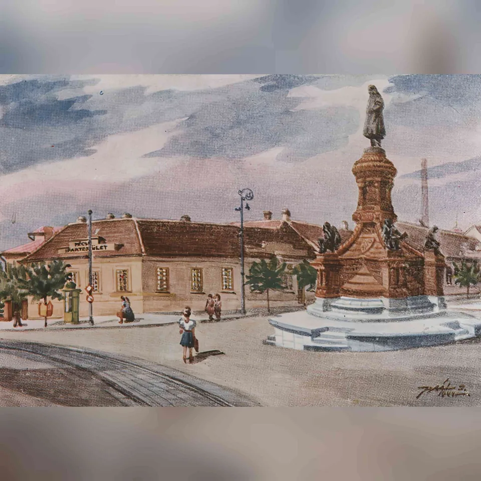 A Zsolnay-szobor Pécsett Paál István 1940-es években készült akvarelljén