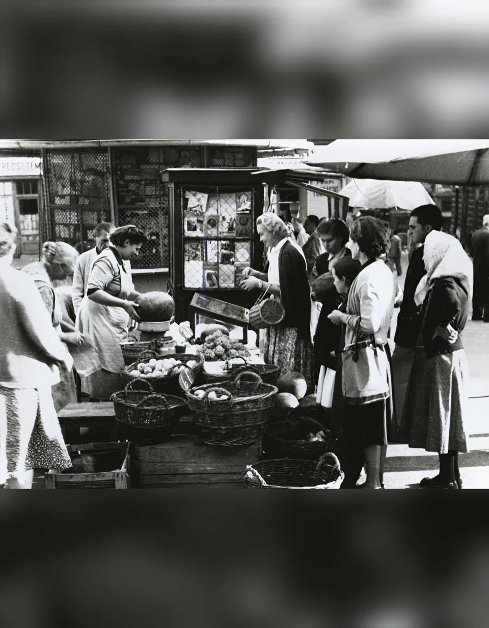 Piac a pécsi Jókai téren egy feltehetően az 1950-es évek második felében készült felvételen